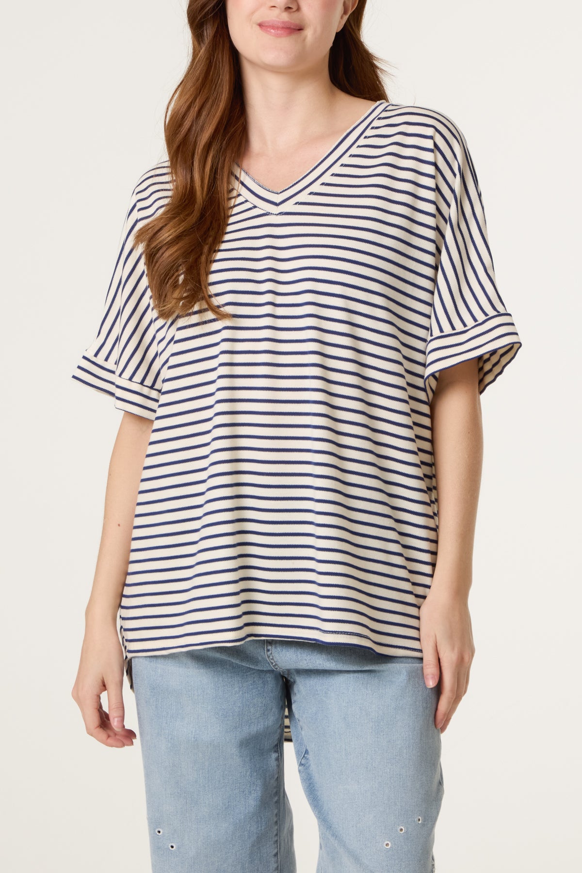 Pure Cotton V-Neck Stripe T-Shirt