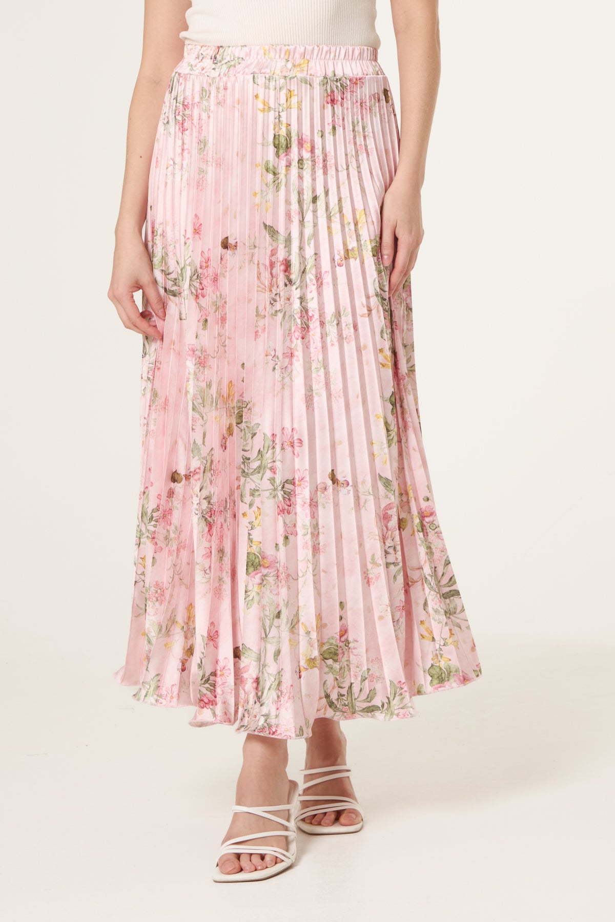 Floral Satin Pleated Midi Skirt