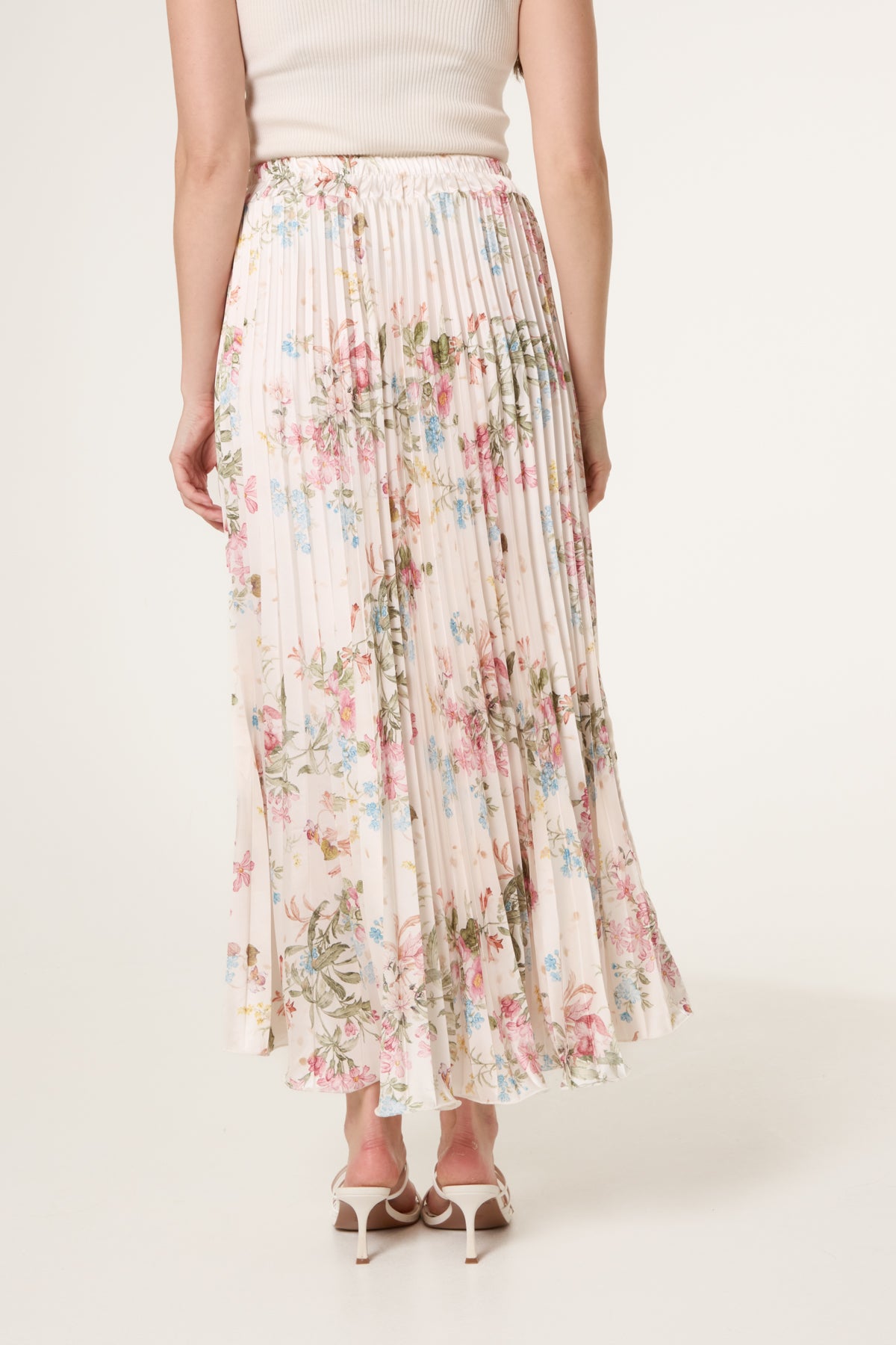 Floral Satin Pleated Midi Skirt