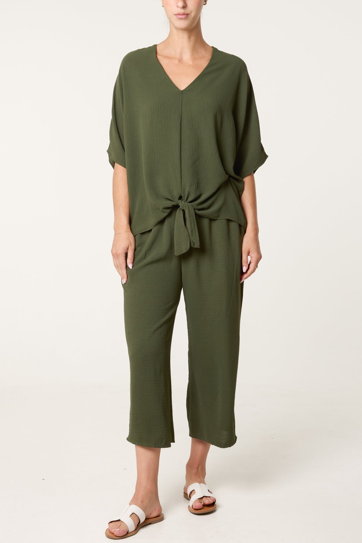 V-Neck Front Knot Top & Trousers Set