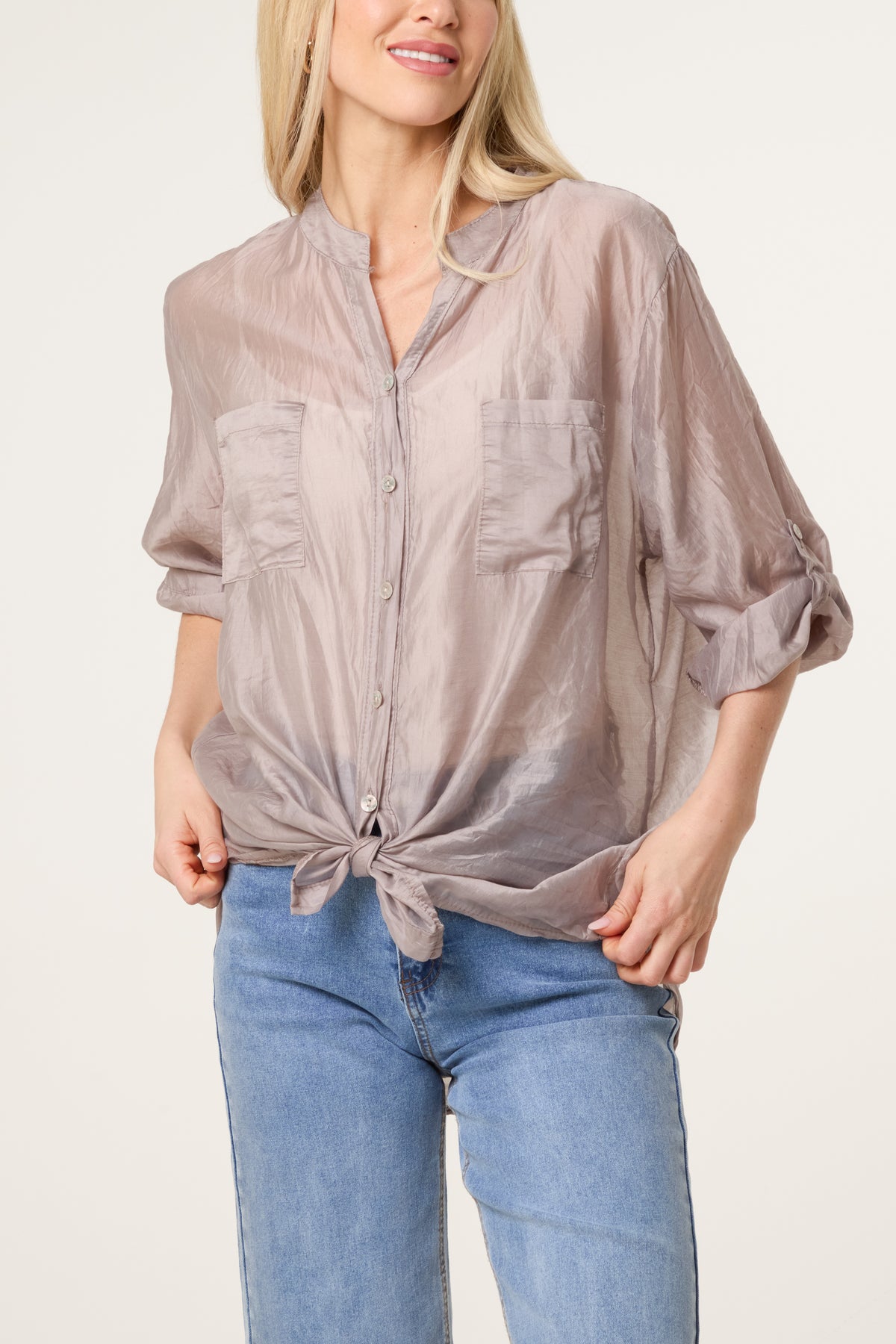 Roll Sleeve Tied Front Tencel Shirt