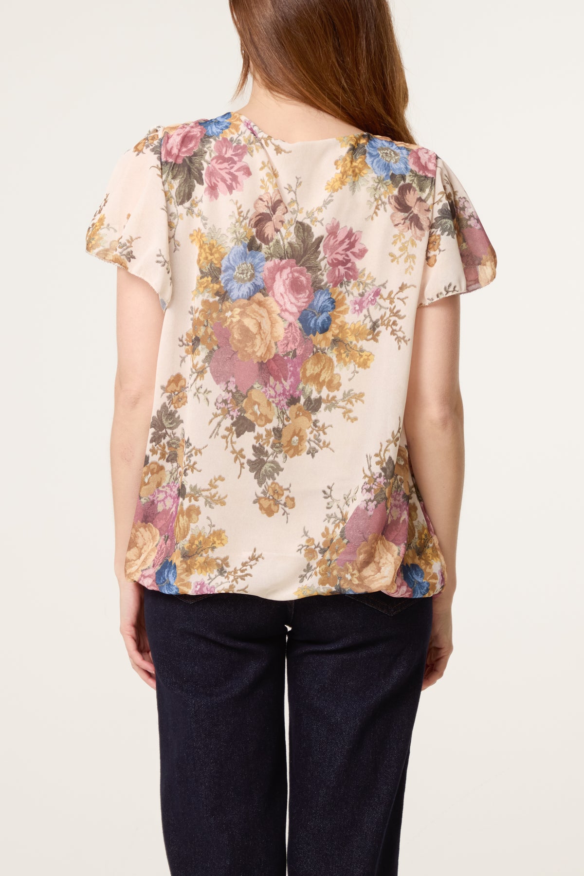 Floral Bubble Hem Frill Sleeve Top