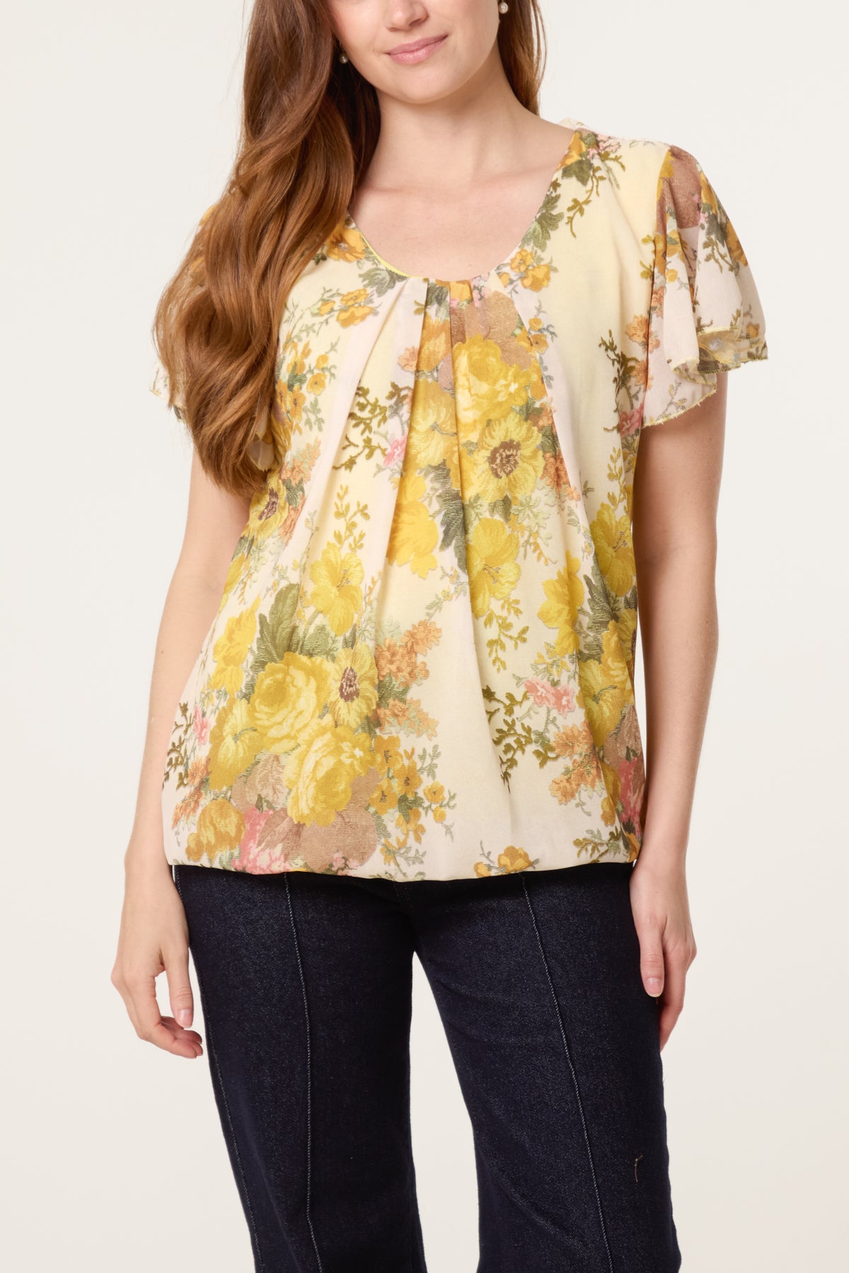 Floral Bubble Hem Frill Sleeve Top
