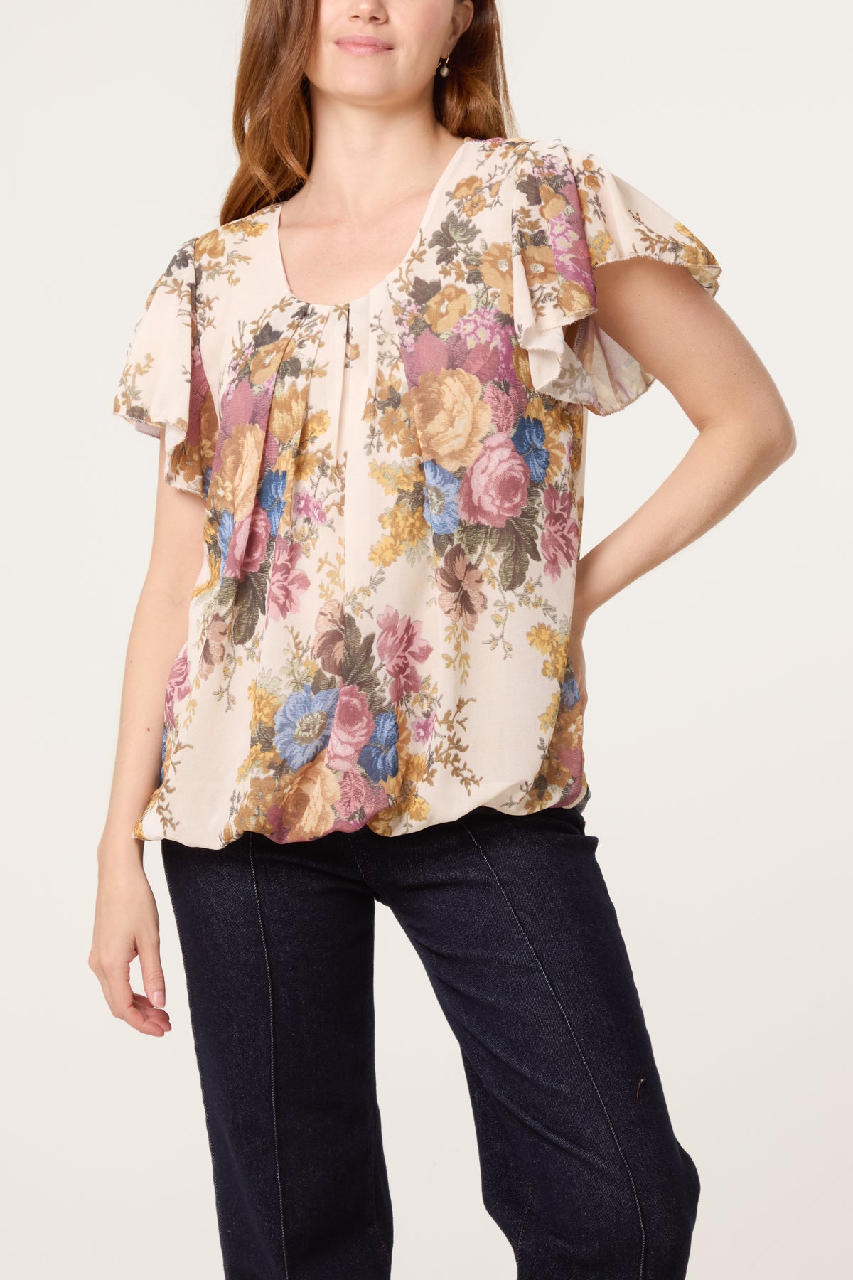 Floral Bubble Hem Frill Sleeve Top