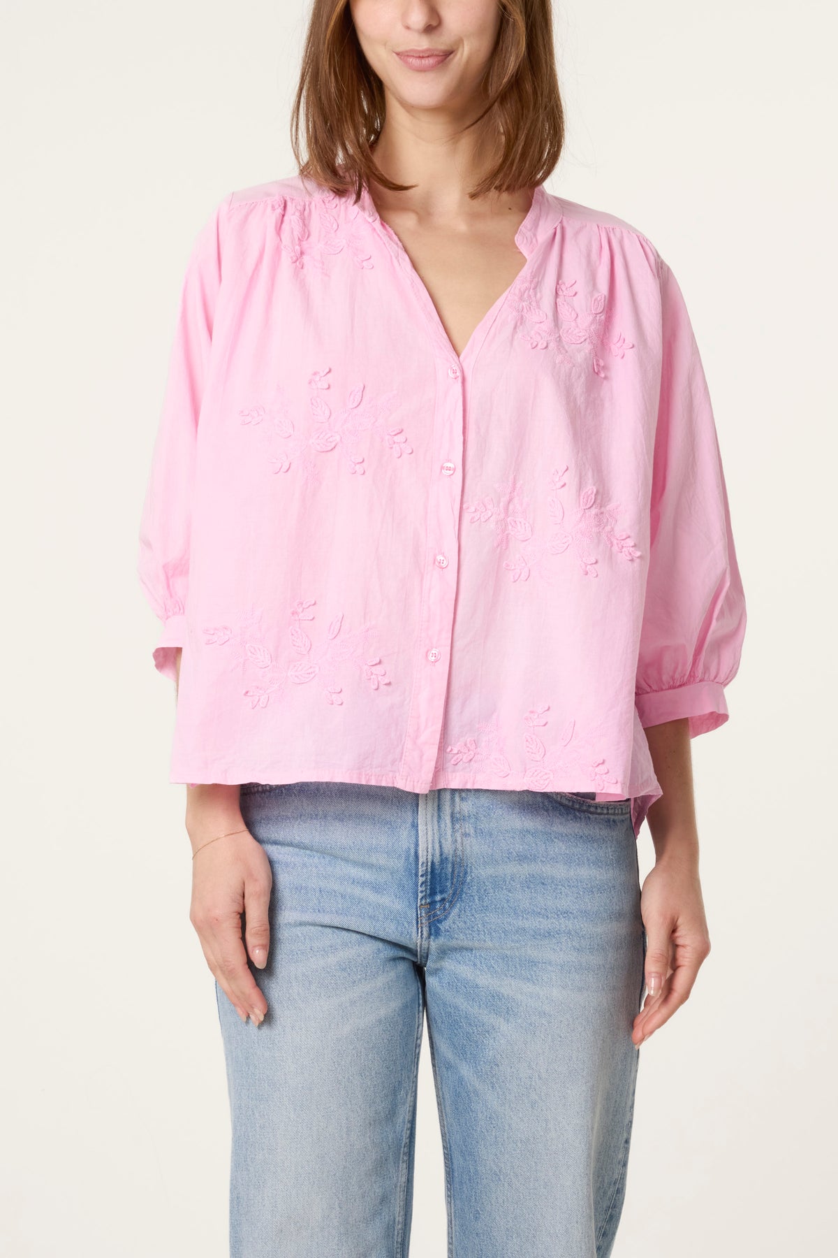Embroidered 3D Leaves Cotton Shirt