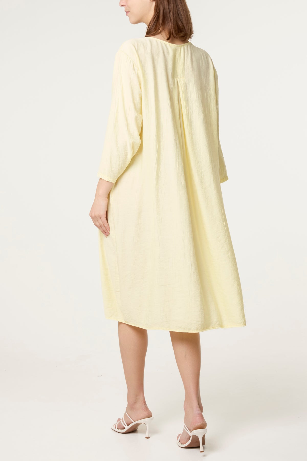Crinkle Fabric 3/4 Sleeve Midi Dress