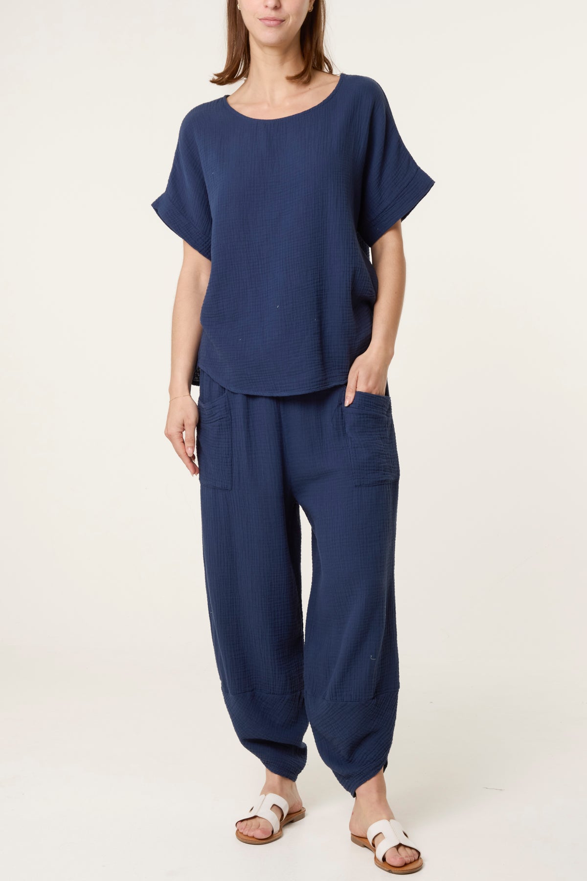 Cheesecloth Top & Barrel Leg Trousers