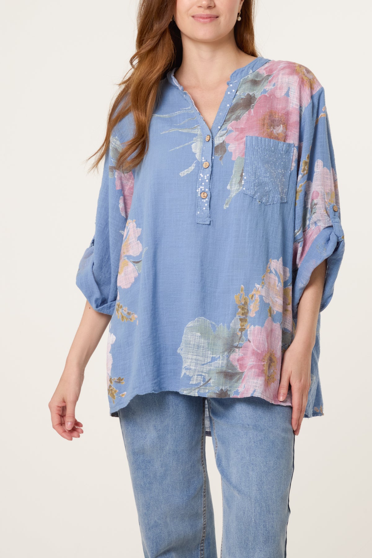 Floral Sequin Pocket Roll Sleeve Blouse