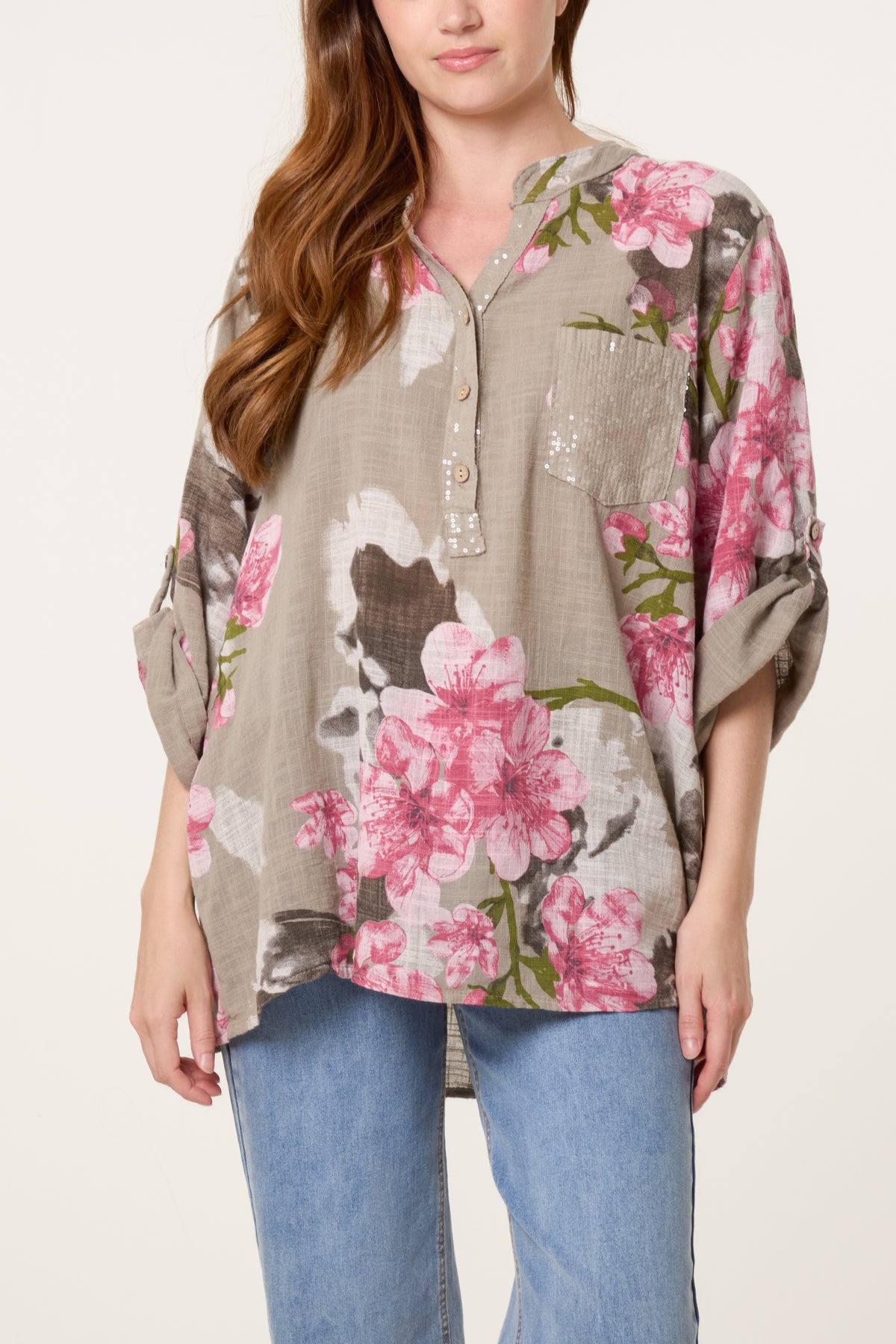 Floral Sequin Pocket Roll Sleeve Blouse
