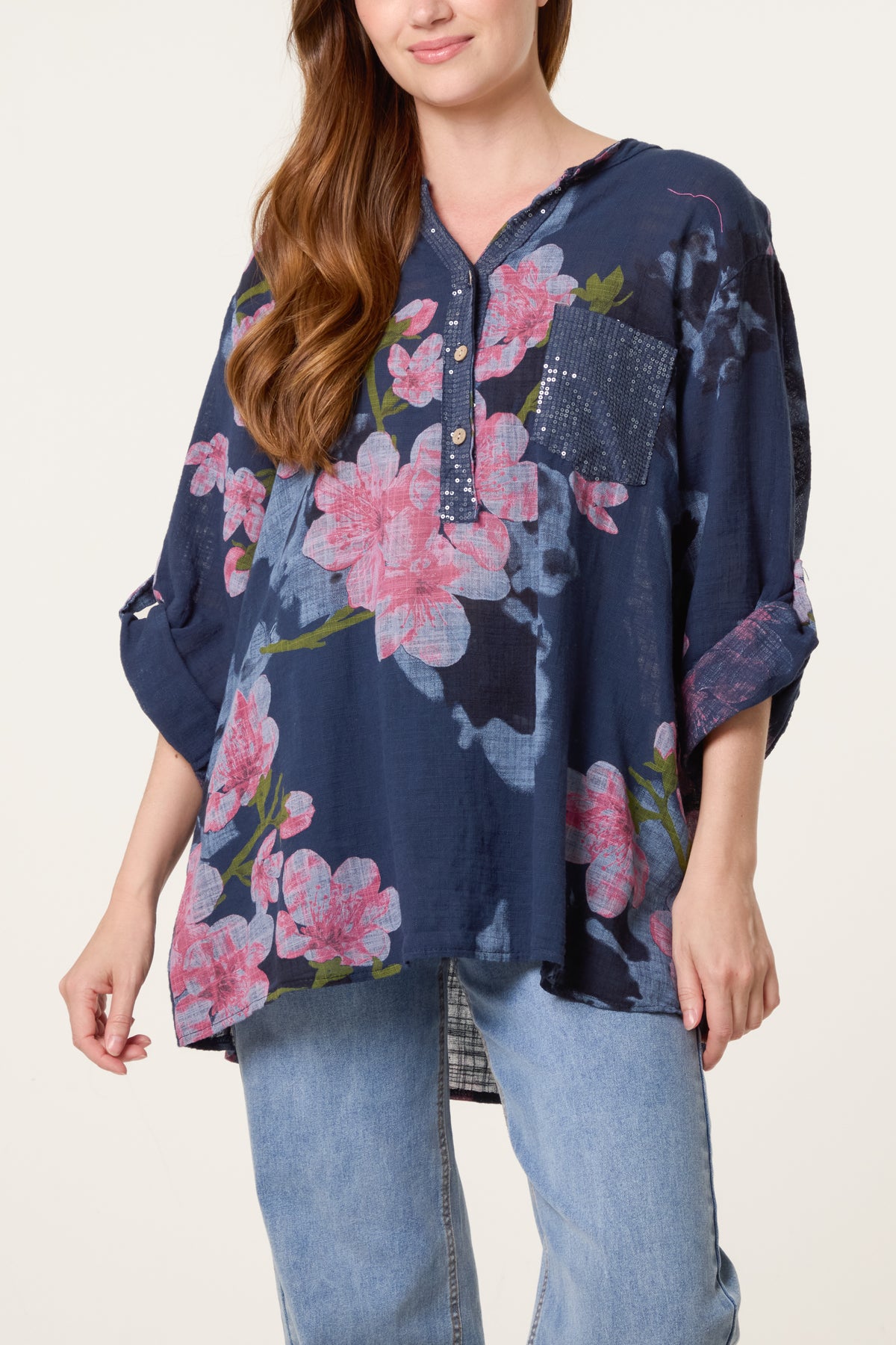 Floral Sequin Pocket Roll Sleeve Blouse