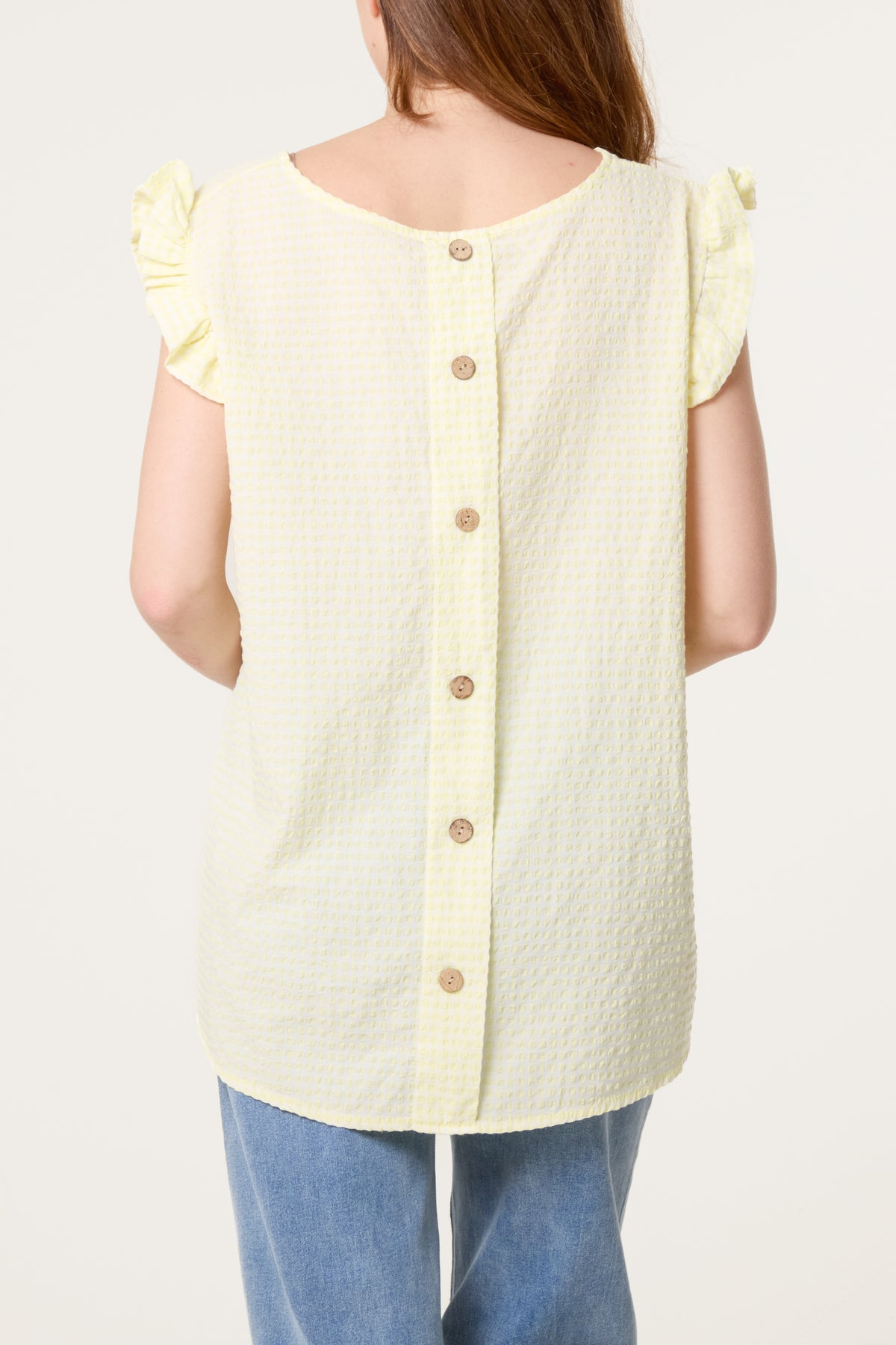 Gingham Frill Sleeve Back Button Top