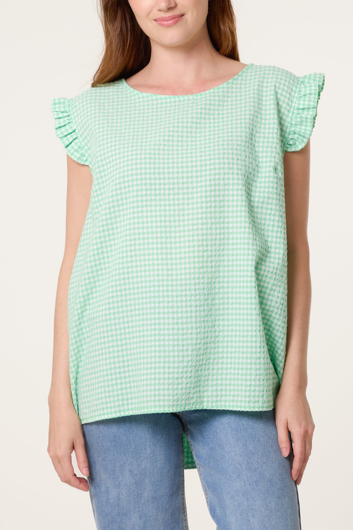Gingham Frill Sleeve Back Button Top
