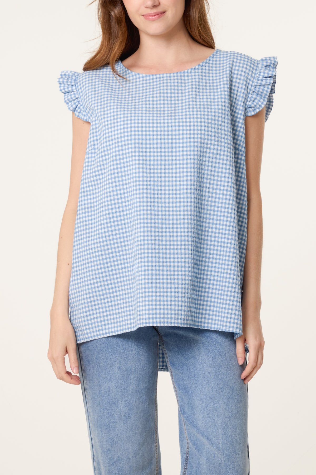 Gingham Frill Sleeve Back Button Top