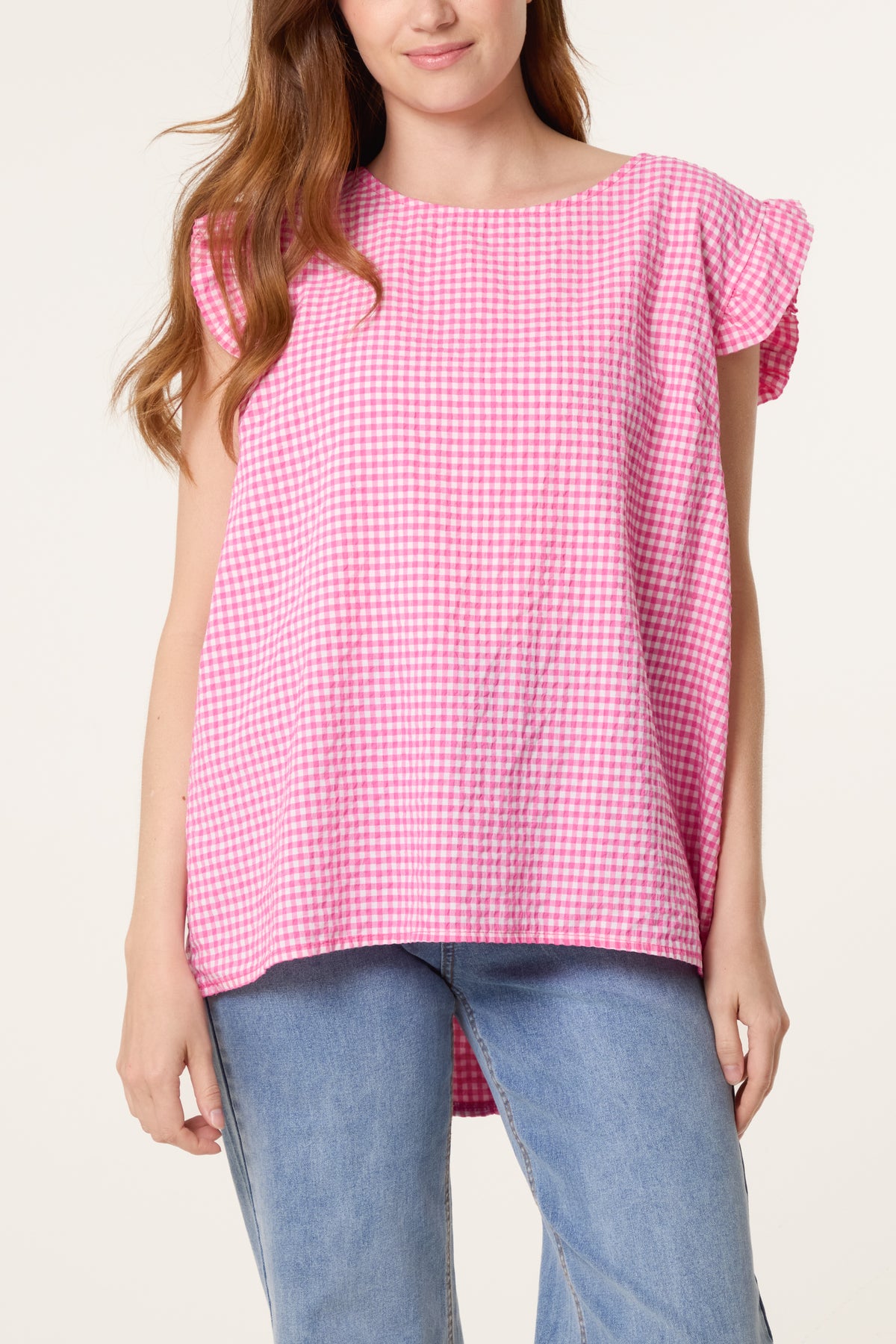 Gingham Frill Sleeve Back Button Top