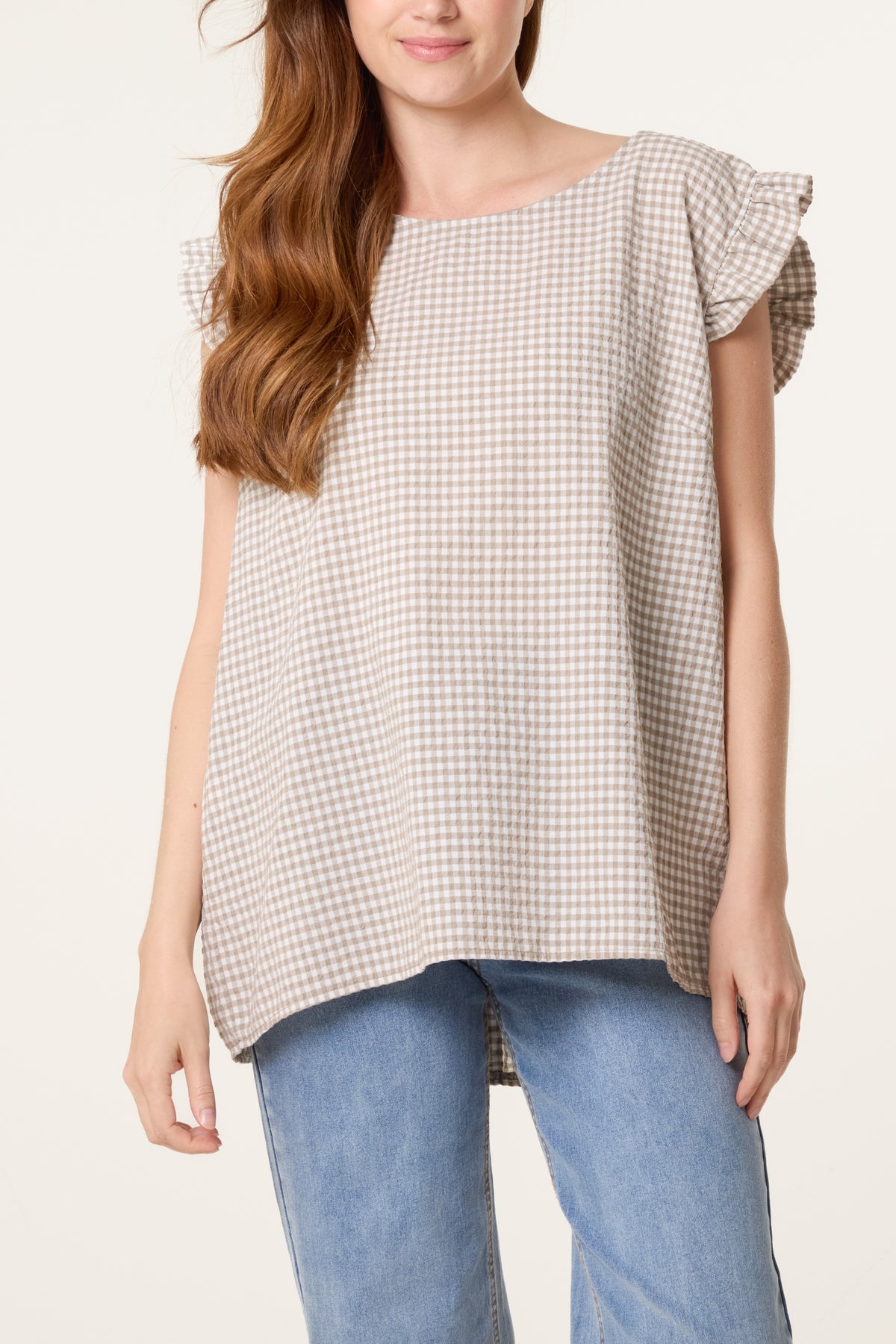 Gingham Frill Sleeve Back Button Top
