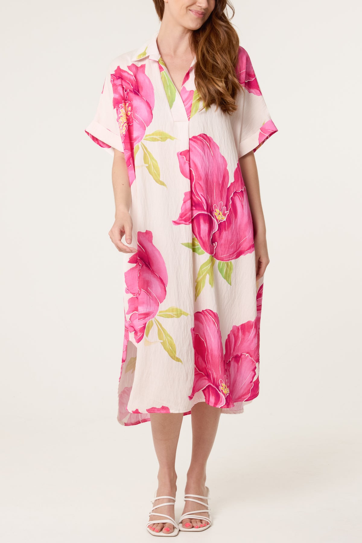 Bold Flower Collar Pockets Midi Dress