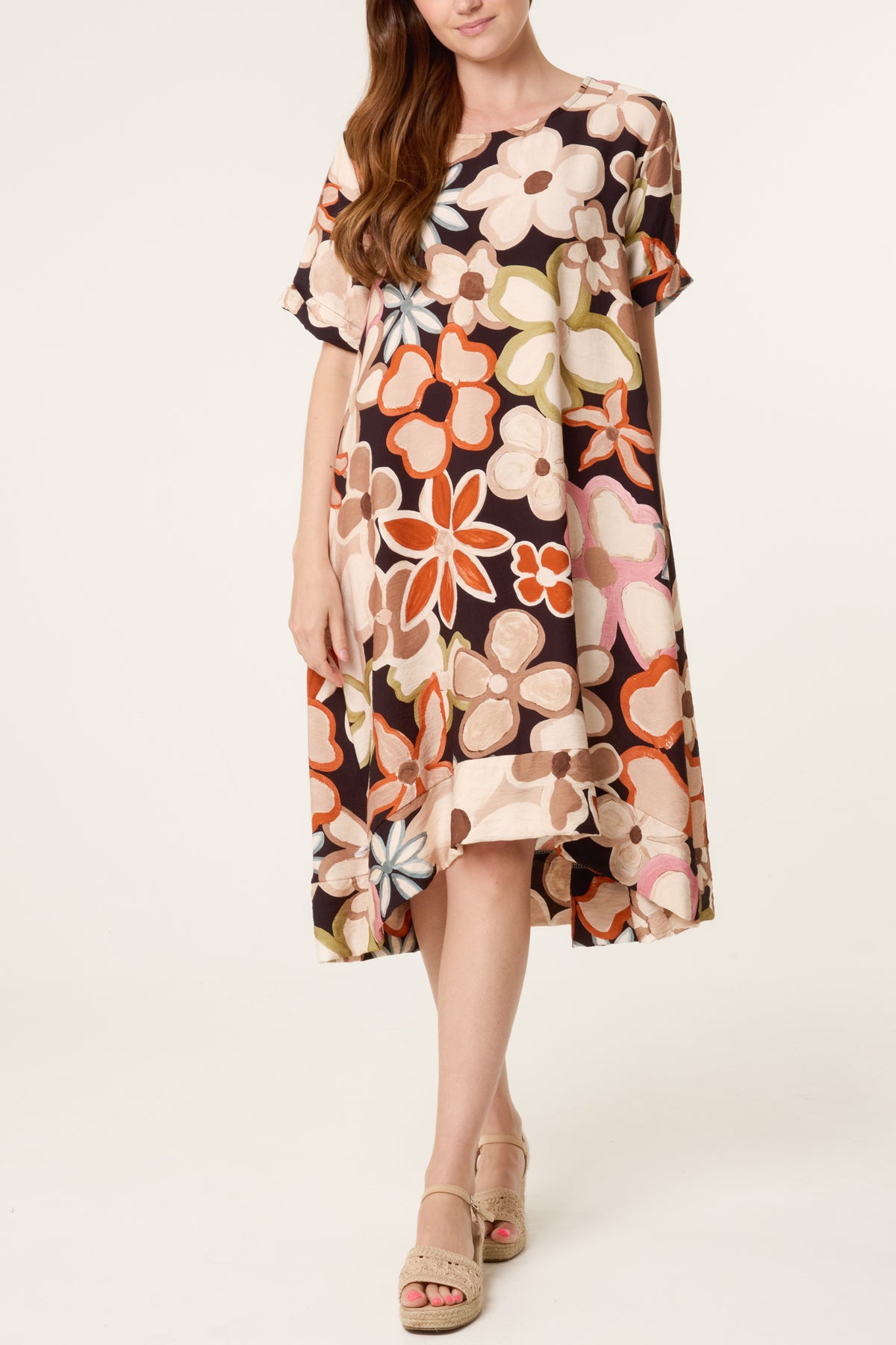 Bold Flower Short Sleeve Midi Dress