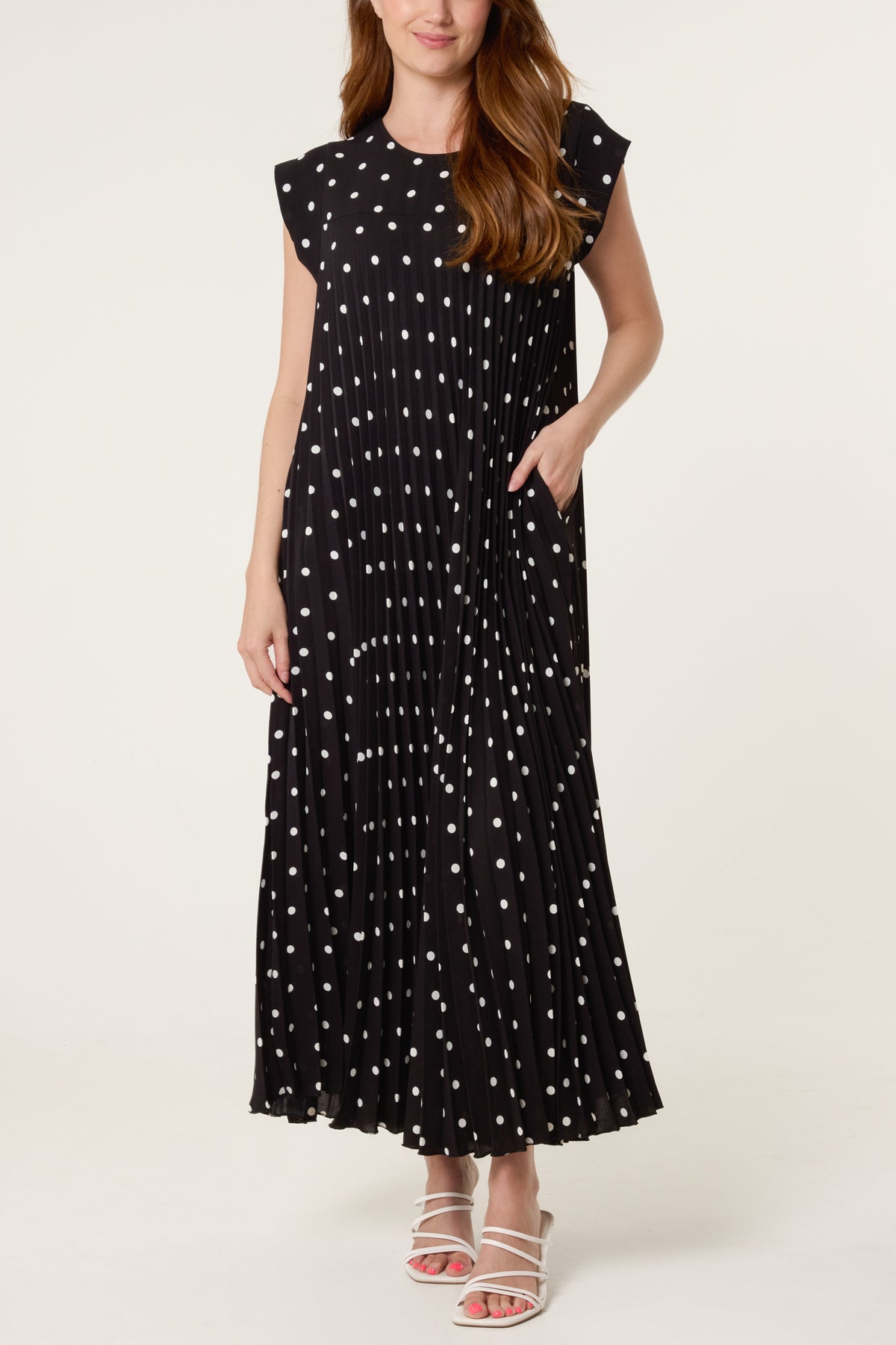 Polka Dot Cap Sleeve Pleated Dress