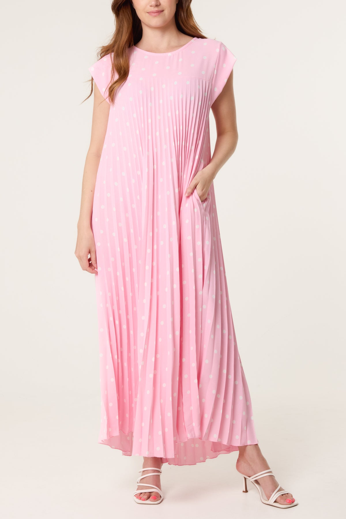 Polka Dot Cap Sleeve Pleated Dress