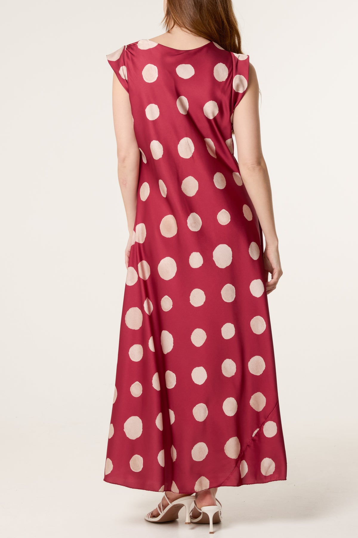 Cowl Neck Polka Dot Satin Maxi Dress