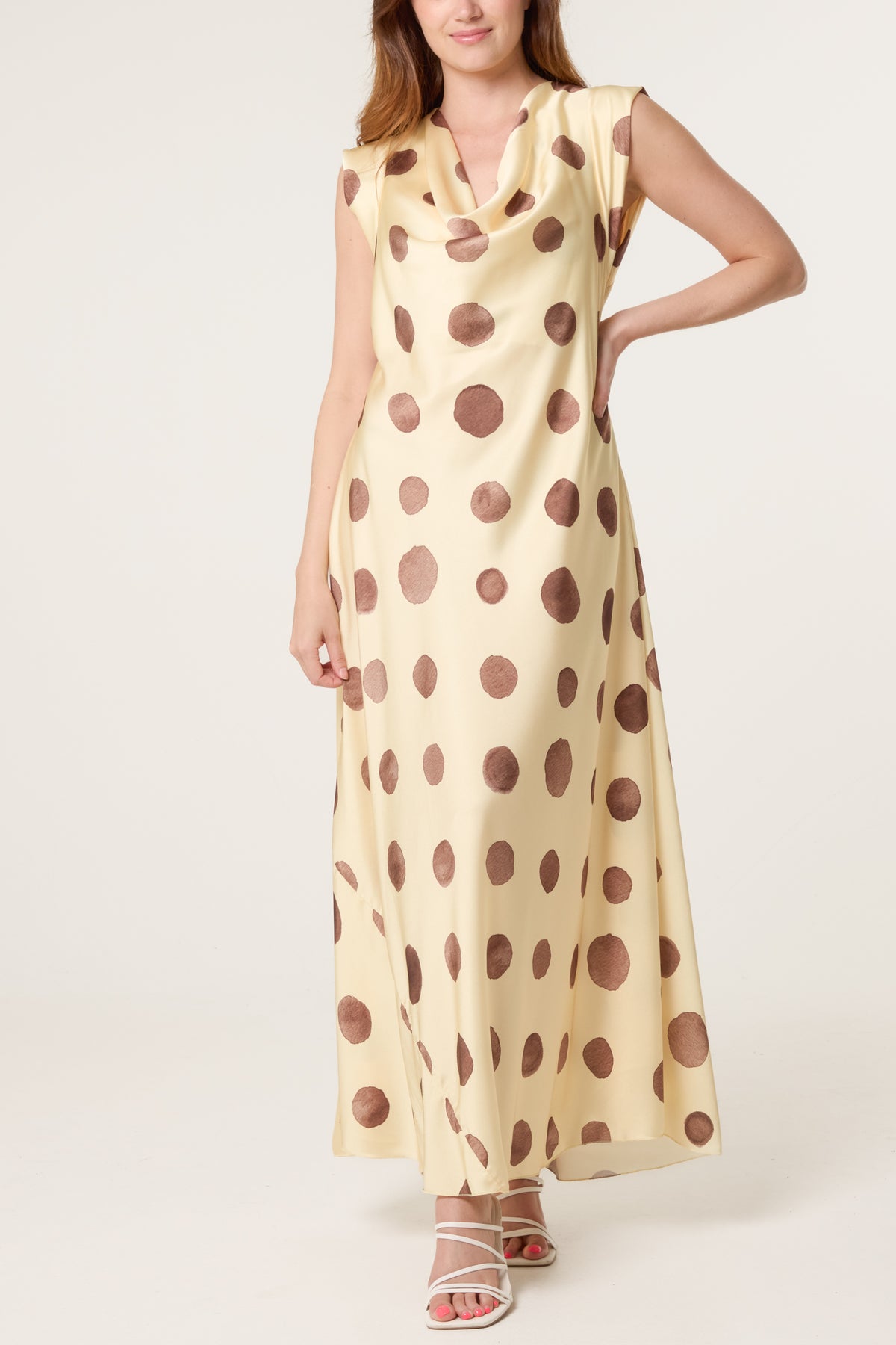 Cowl Neck Polka Dot Satin Maxi Dress