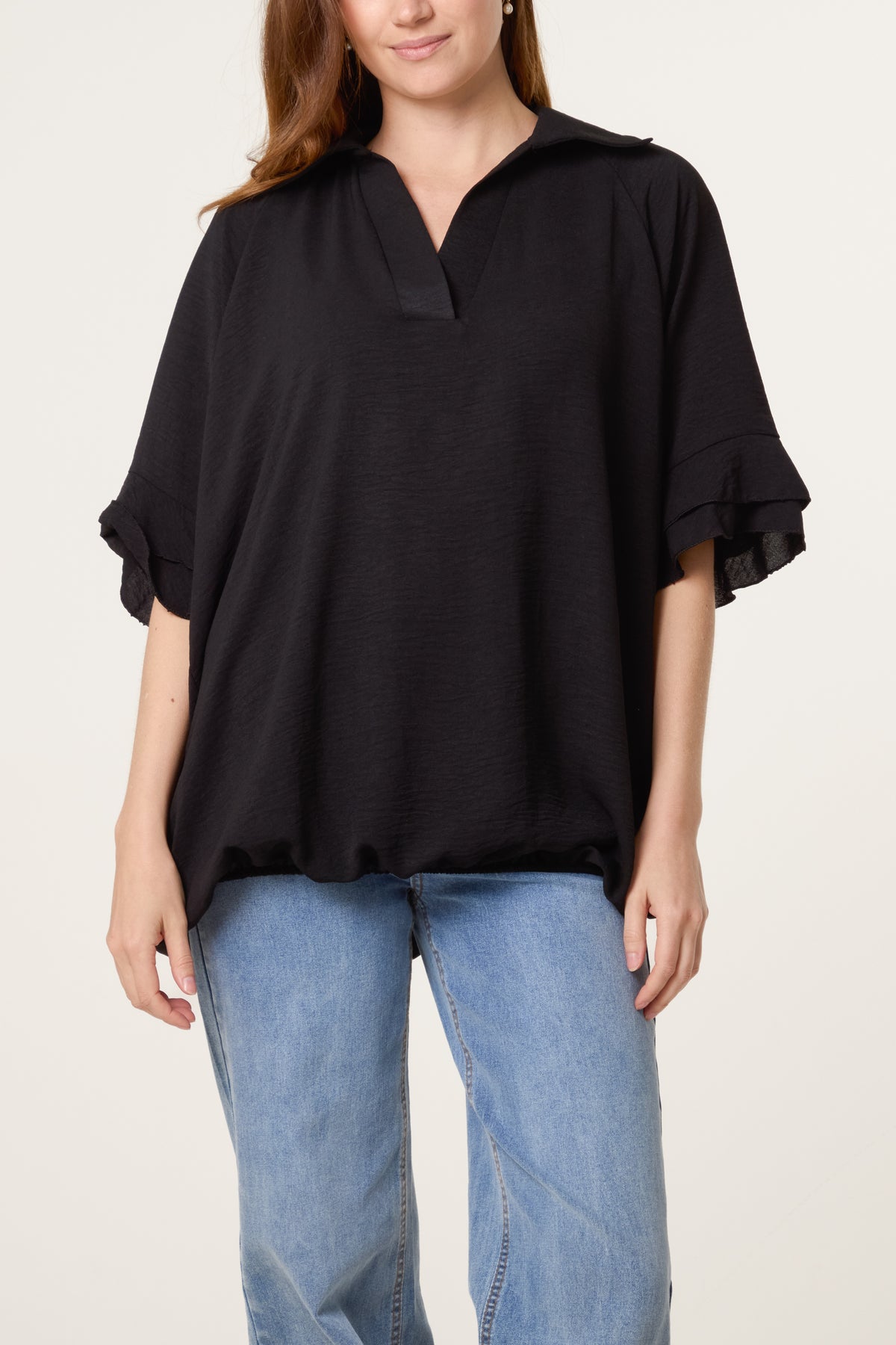 Double Frill Sleeve Bubble Hem Blouse