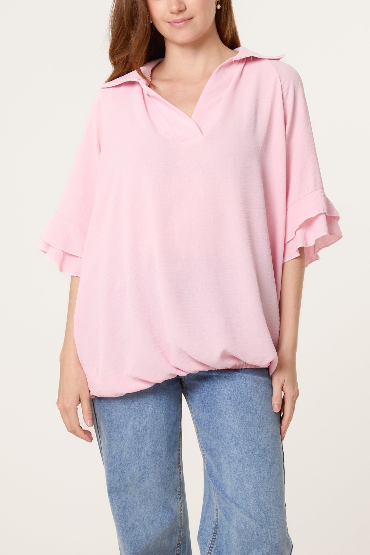 Double Frill Sleeve Bubble Hem Blouse