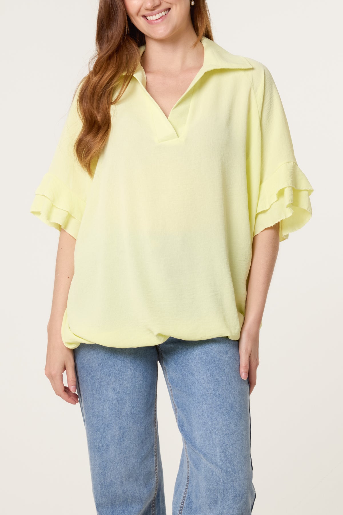 Double Frill Sleeve Bubble Hem Blouse