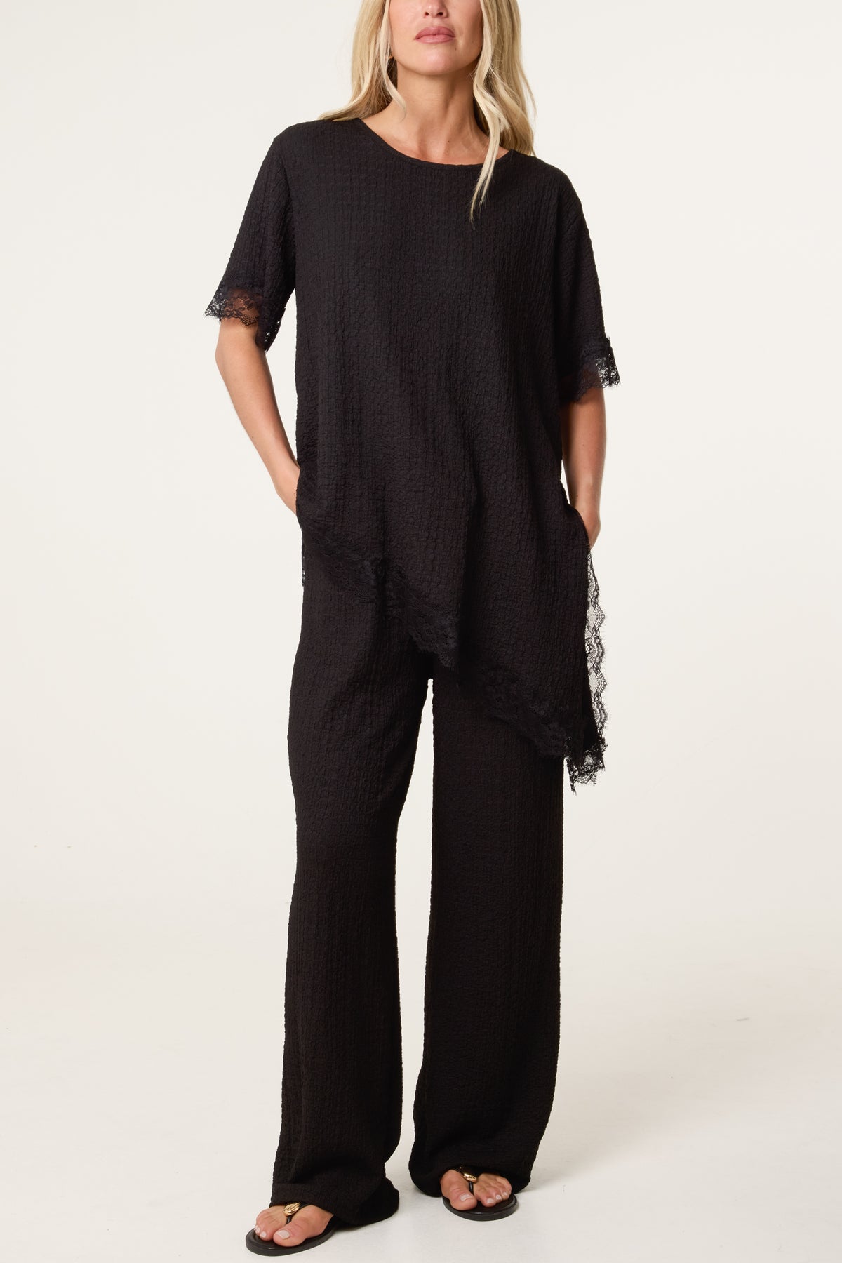 Asymmetric Lace Hem Top & Wide Leg Trousers