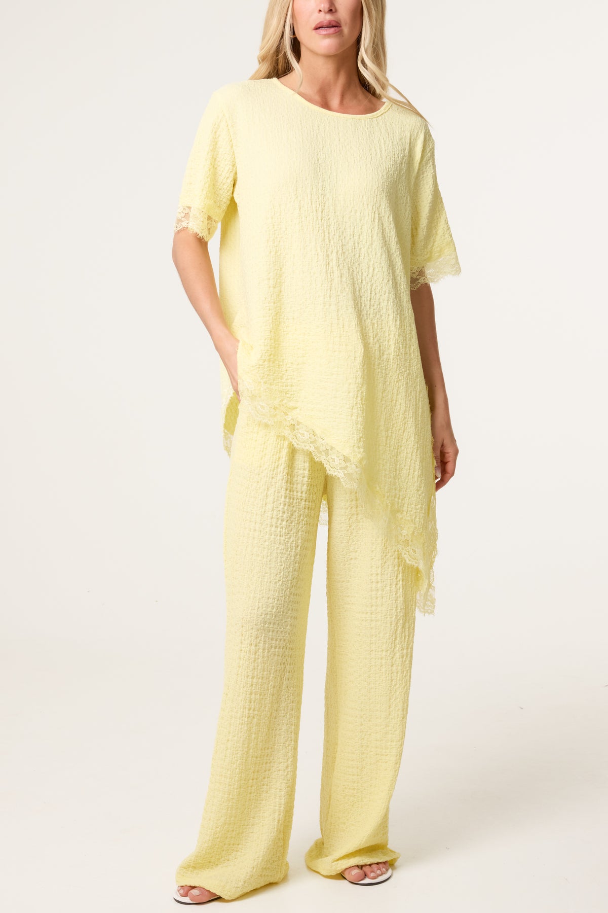 Asymmetric Lace Hem Top & Wide Leg Trousers