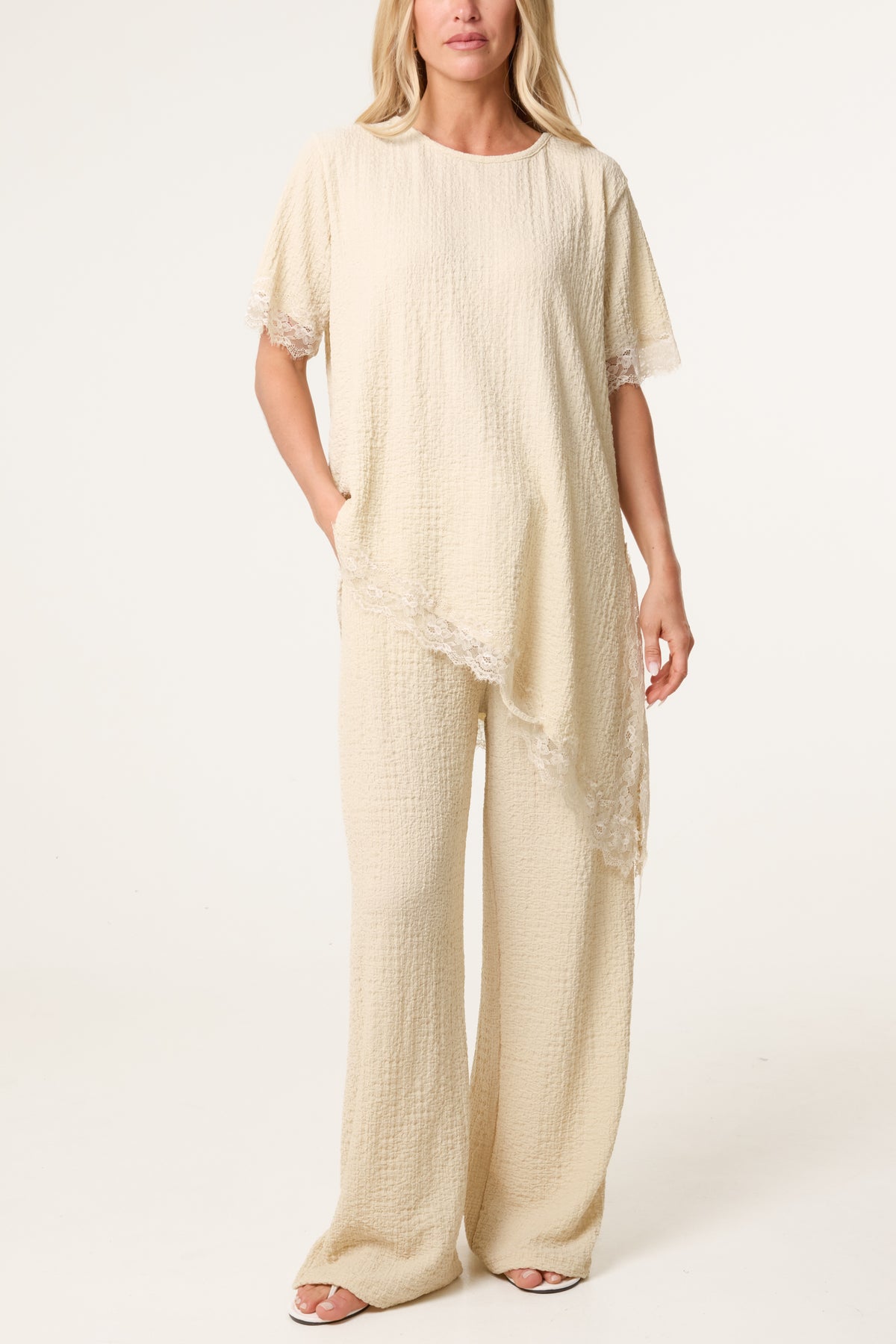 Asymmetric Lace Hem Top & Wide Leg Trousers