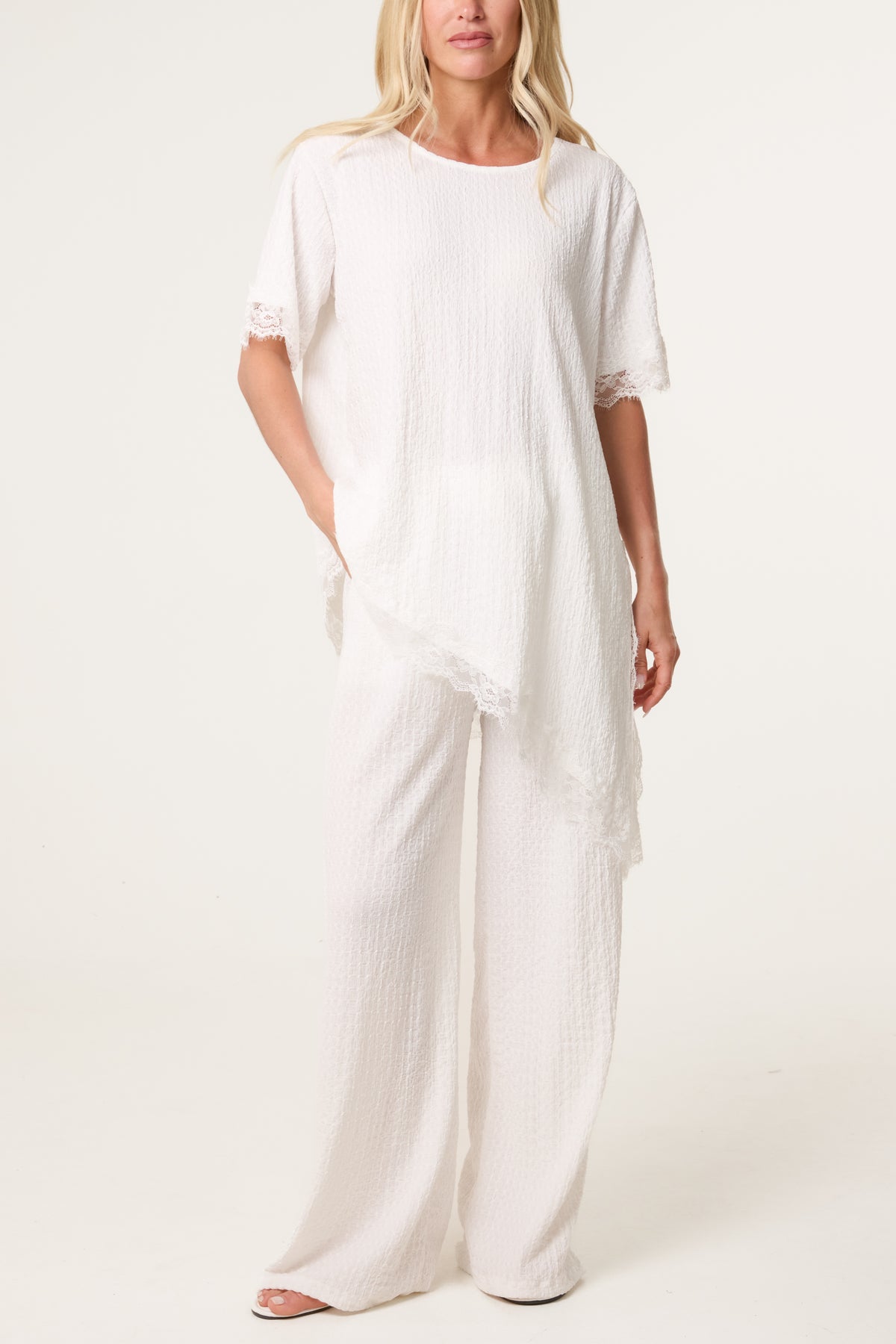Asymmetric Lace Hem Top & Wide Leg Trousers