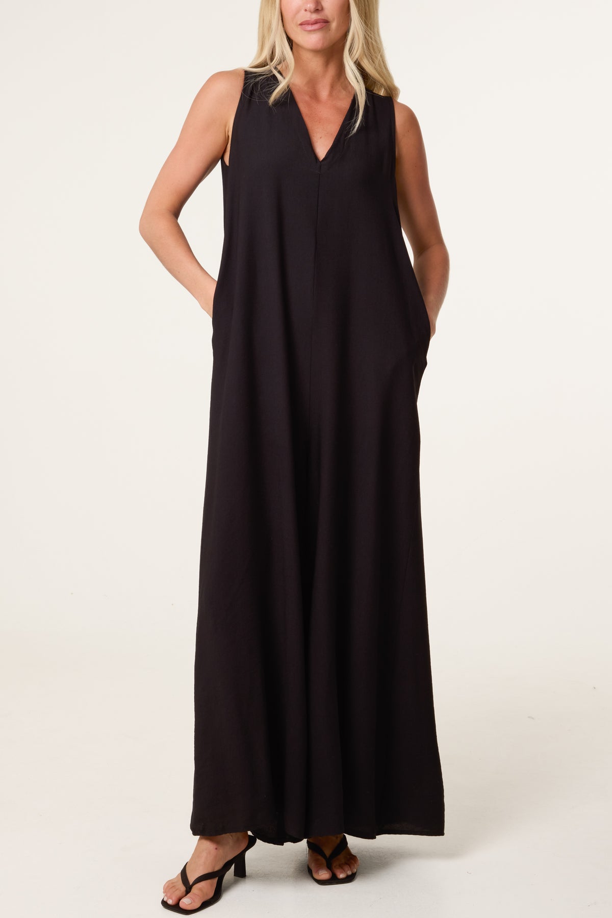 V-Neck Pockets Wide Leg Jumpsuit