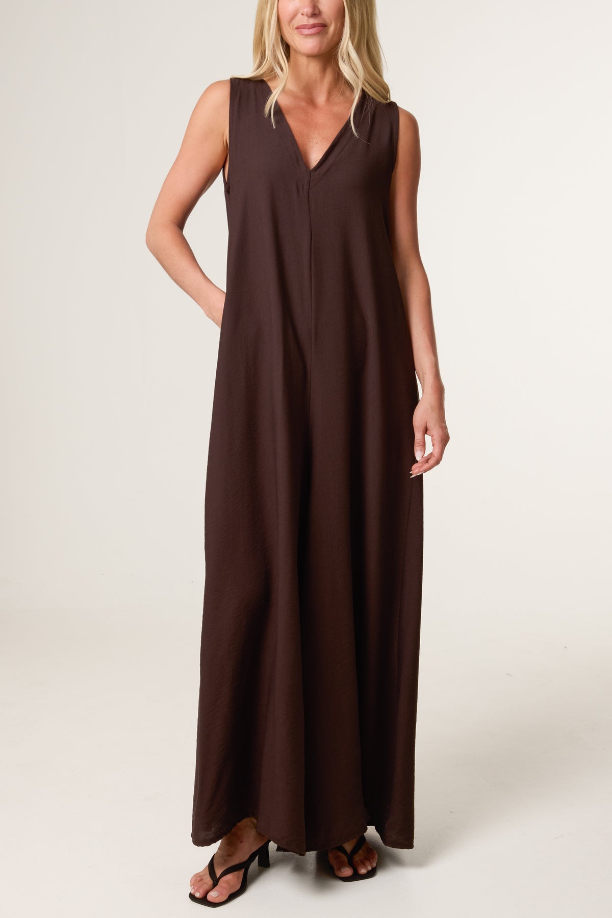 V-Neck Pockets Wide Leg Jumpsuit