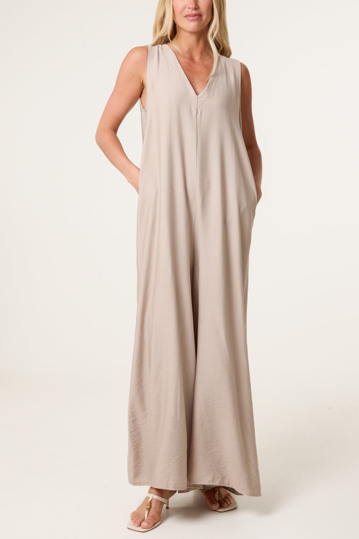 V-Neck Pockets Wide Leg Jumpsuit