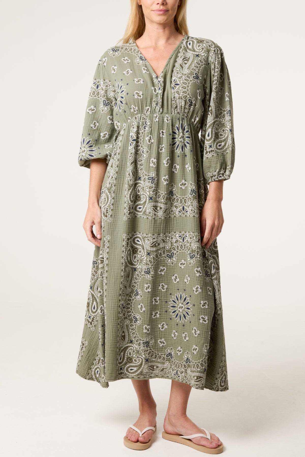 V-Neck Puff Long Sleeve Bandana Dress