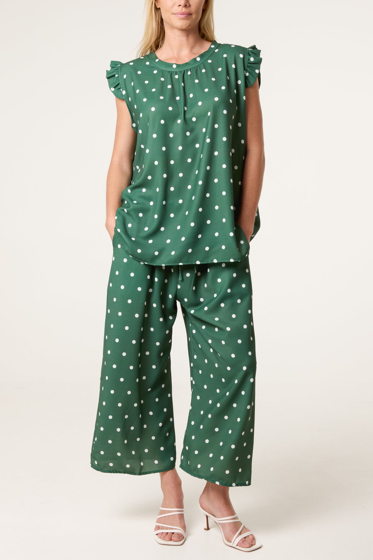 Polka Dot Frill Sleeve Top & Culotte Trousers