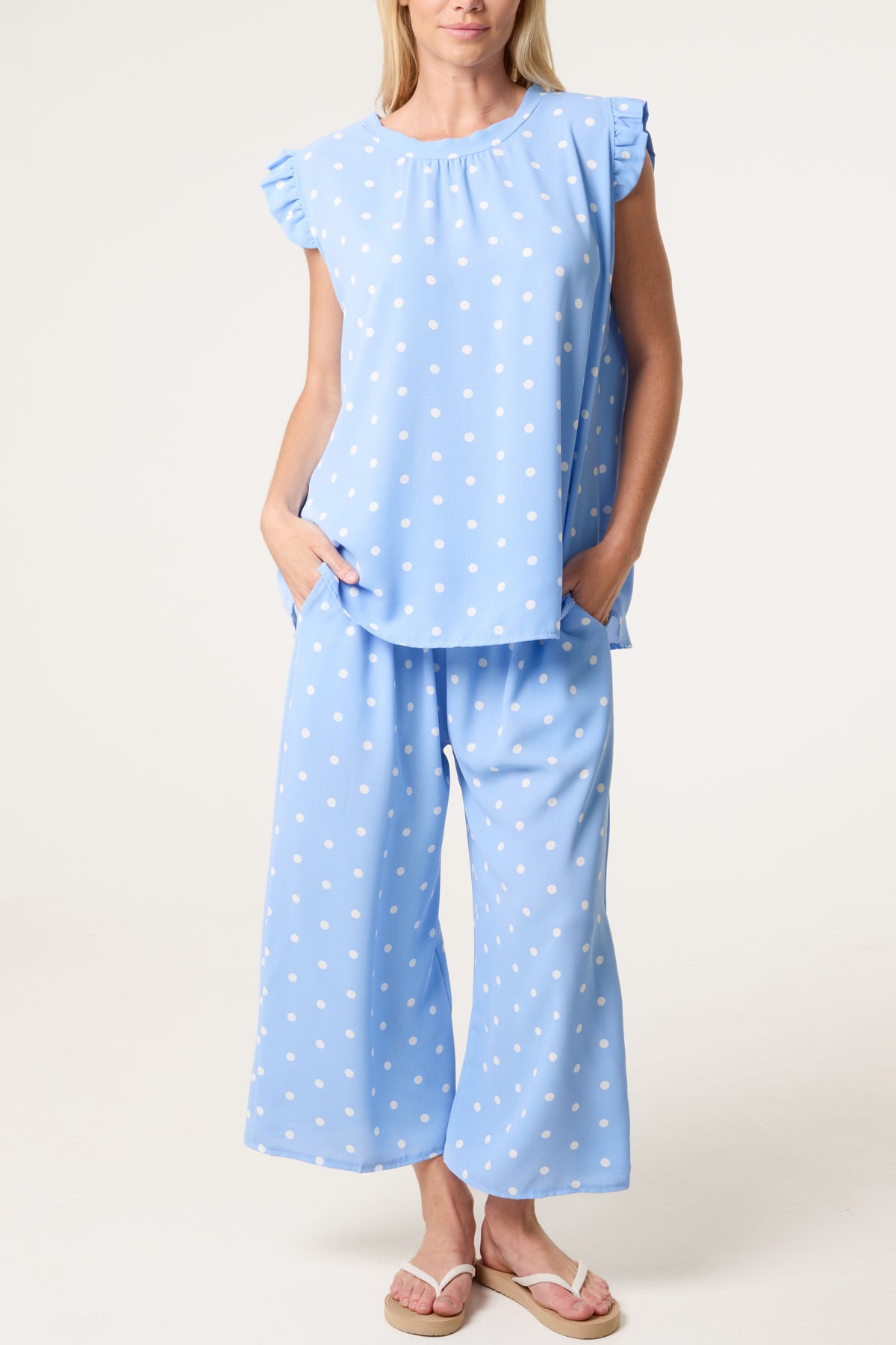Polka Dot Frill Sleeve Top & Culotte Trousers