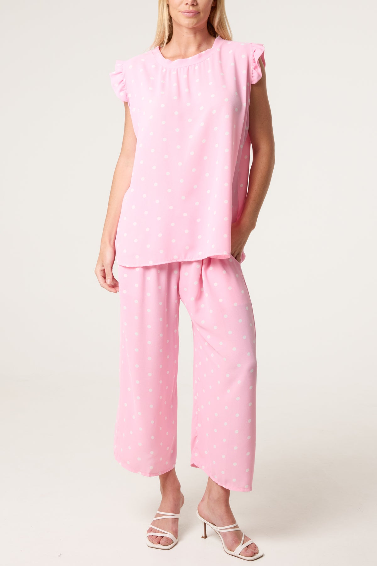 Polka Dot Frill Sleeve Top & Culotte Trousers