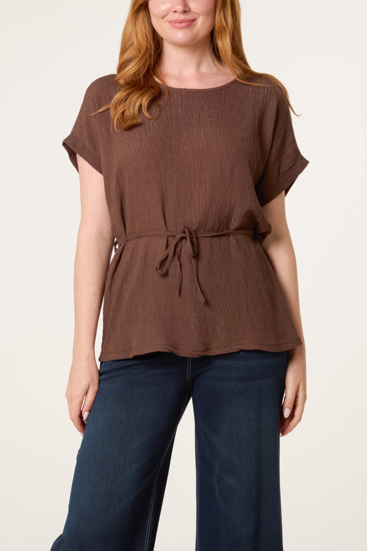 Crinkle Belted Wide Sleeve Top