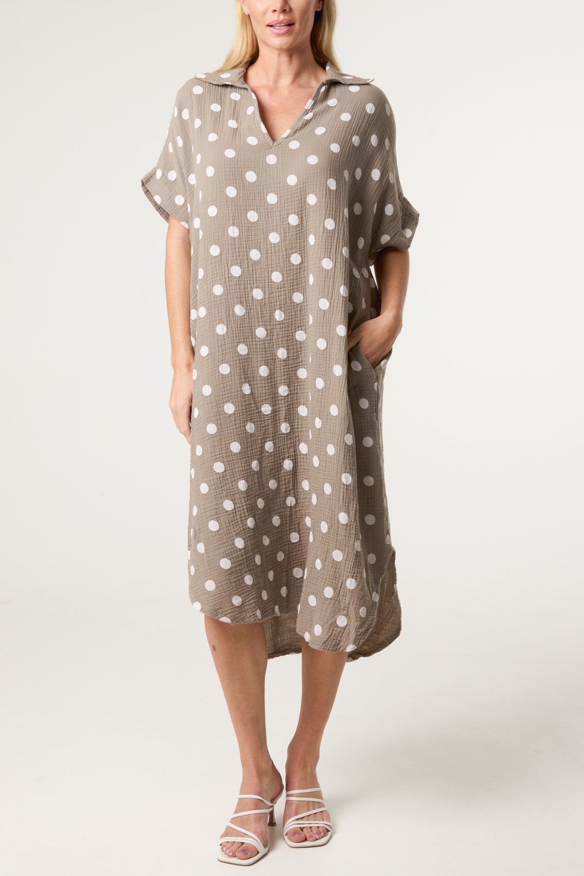 Collar Polka Dot Cotton Midi Dress