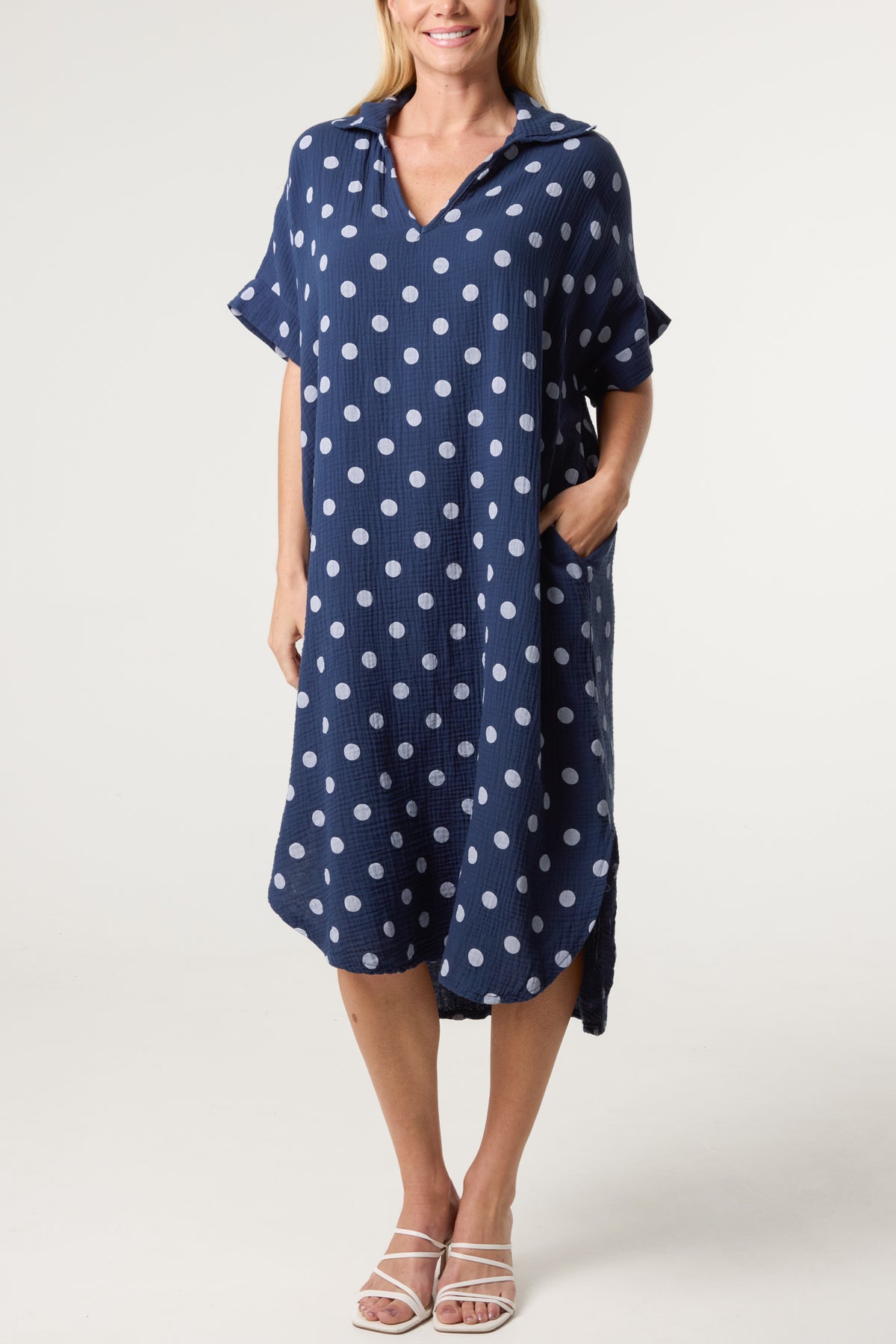 Collar Polka Dot Cotton Midi Dress