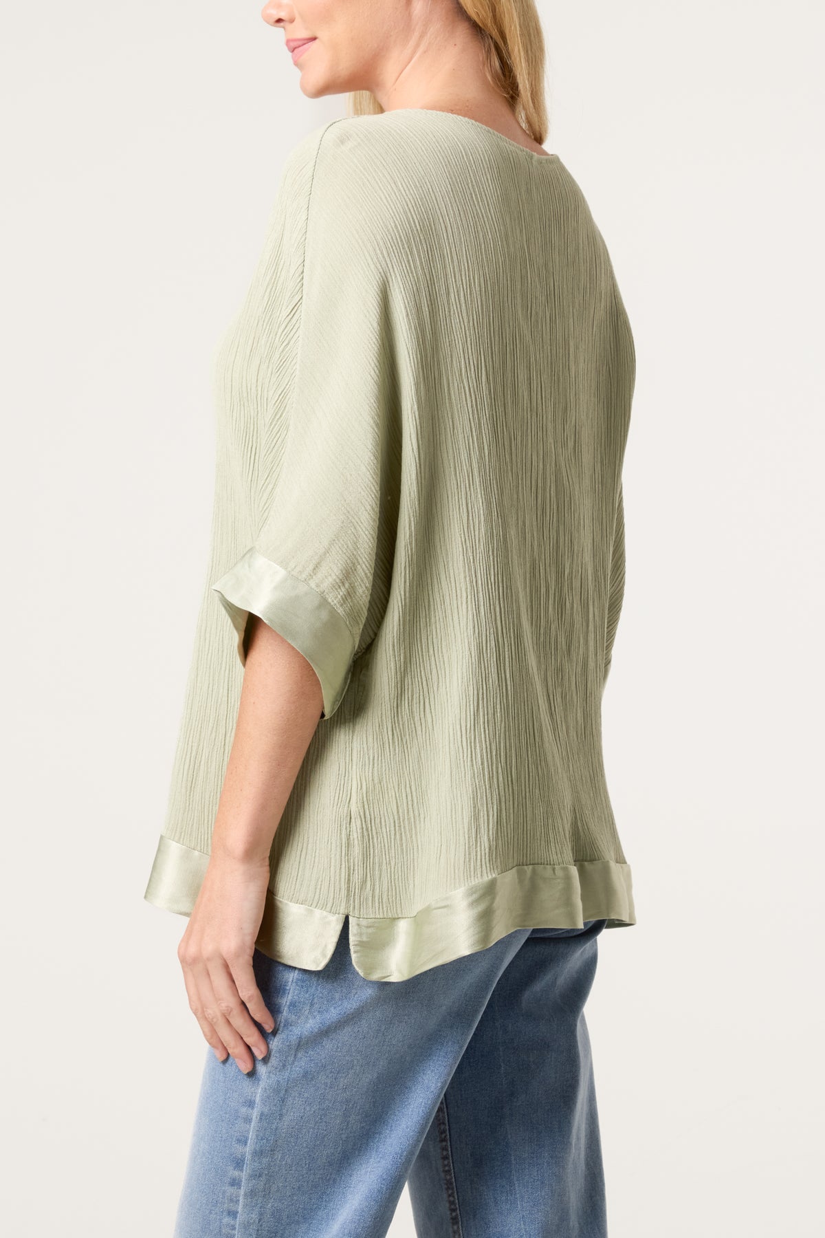Crinkle Fabric Satin Trim Top