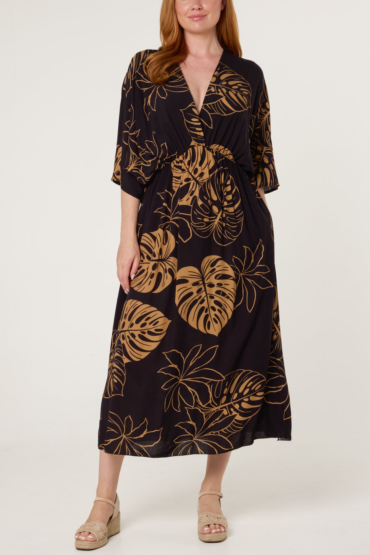 Tropical Leaf Patterned V-Neck Dress
