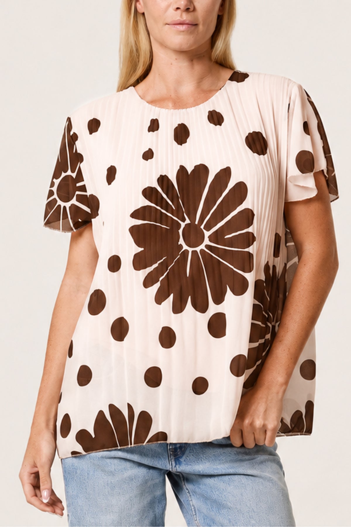 Pleated Floral & Polka Dot Top