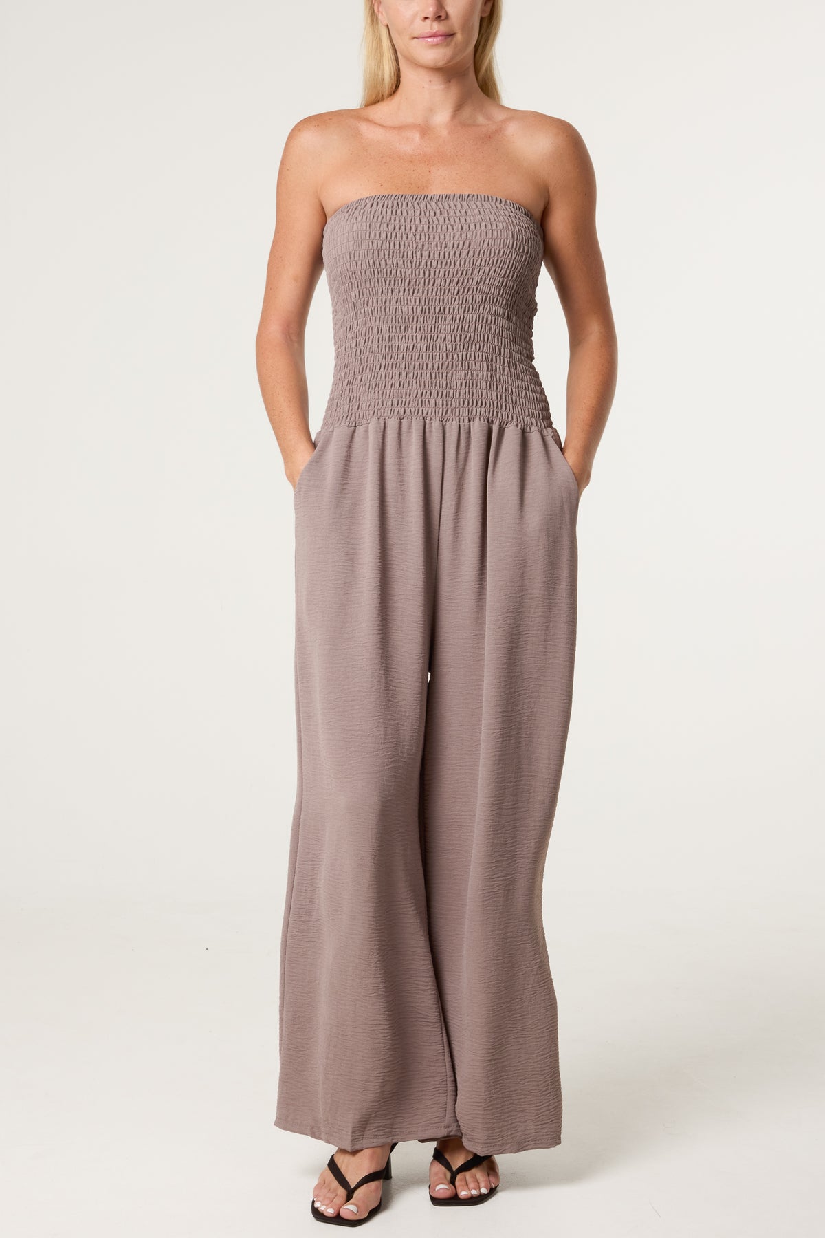 Bandeau Shirred Wide Leg Jumpsuit
