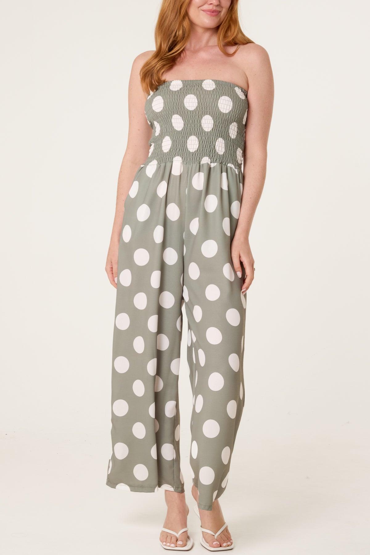 Polka Dot Shirred Bandeau Jumpsuit