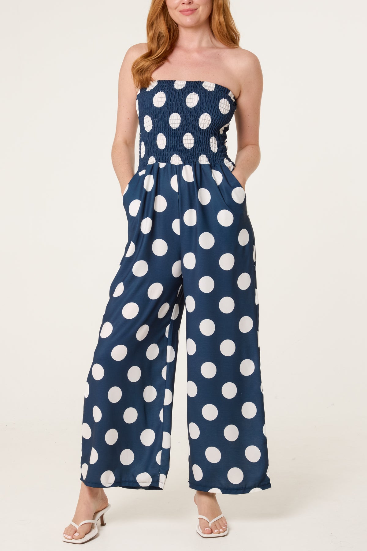 Polka Dot Shirred Bandeau Jumpsuit