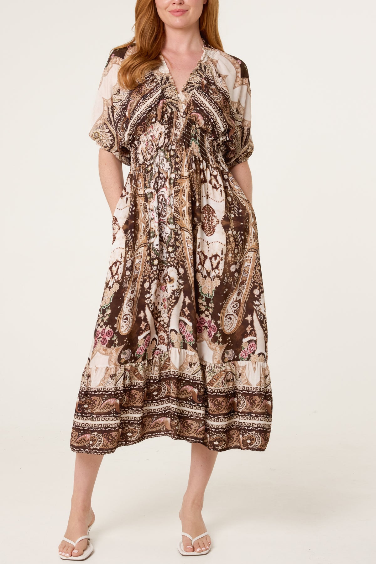 Shirred Waist Print Midi Dress