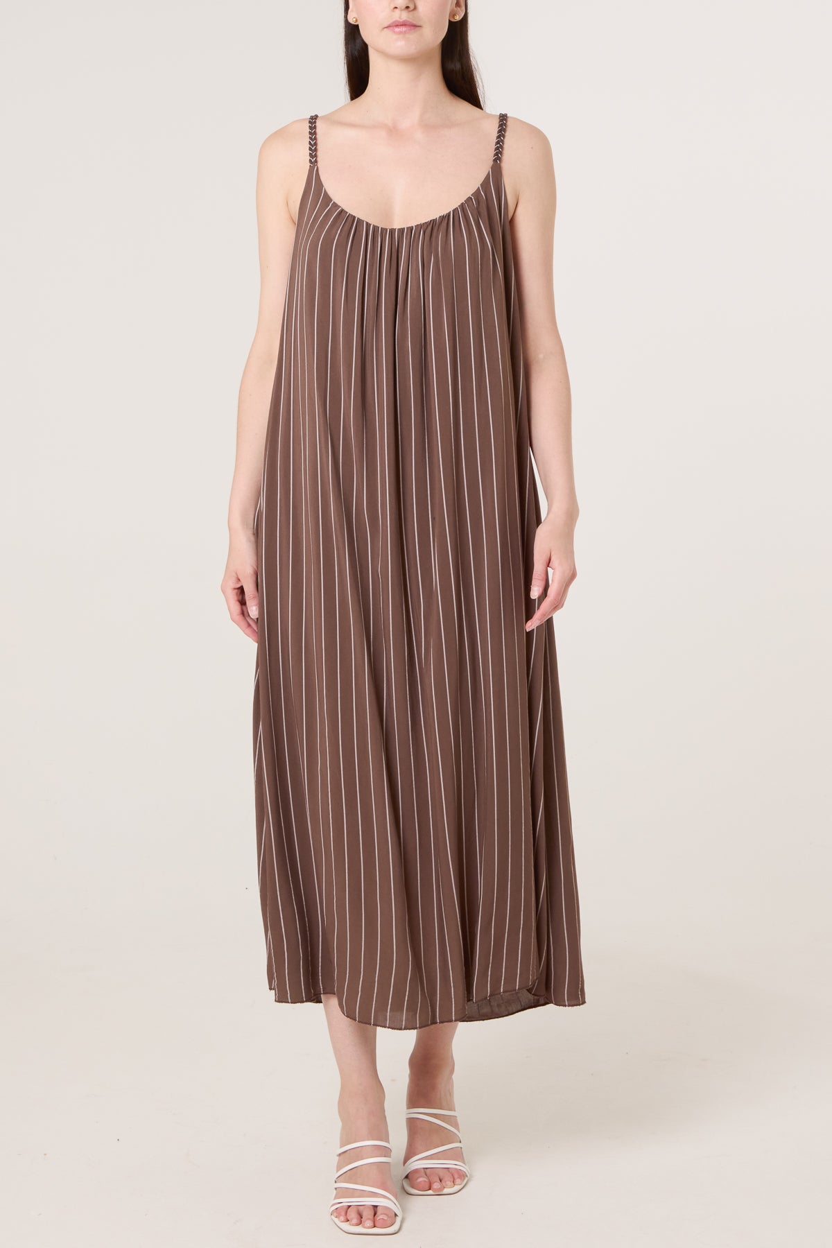 Braided Strap Vertical Stripe Midi Dress